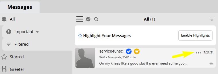 Three dots menu in AdultFriendFinder message Center